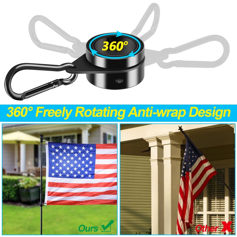 BONWIN Flag Pole Rings  1"" Spinning Flagpole Ring Clips  2 Pcs Aluminum Alloy & Steel 360 Rotating Anti Wrap Flag Mounting Rings with Snap Carabiners for 0.75-1.02 Inch Diamete Flagpole (F1  Black) - Image 2
